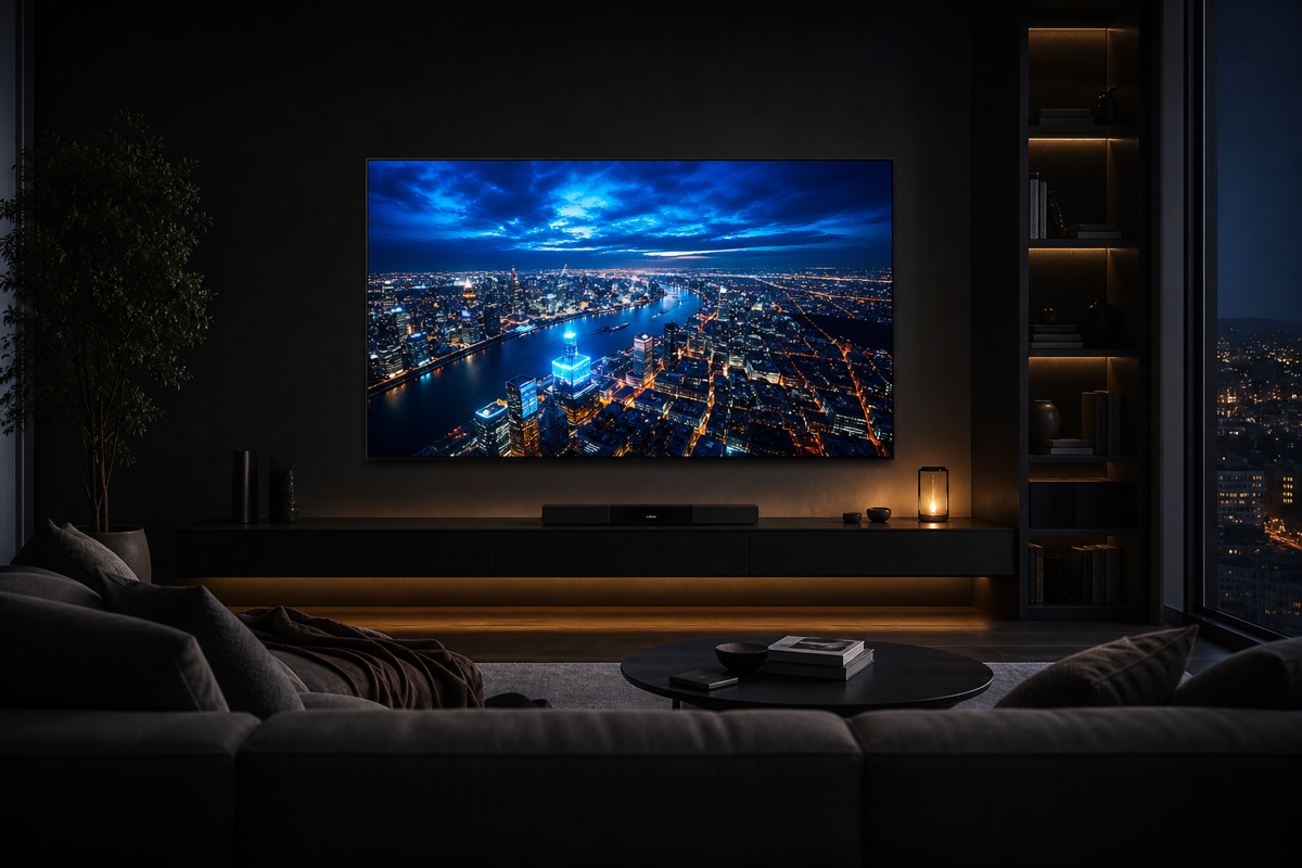 Mann schaut auf großen OLED-Fernseher in dunklem Wohnzimmer